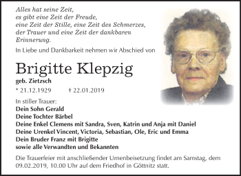 Traueranzeige von Brigitte Klepzig von Mitteldeutsche Zeitung Bitterfeld