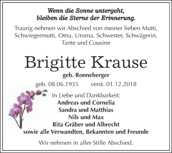 Traueranzeige von Brigitte Krause von WVG - Wochenspiegel NMB / WSF / ZTZ