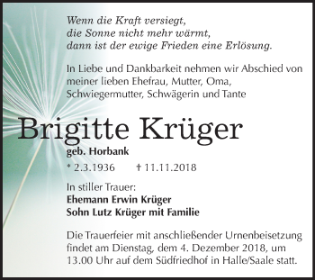 Traueranzeige von Brigitte Krüger von Mitteldeutsche Zeitung Halle/Saalkreis