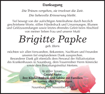 Traueranzeige von Brigitte Papke von Mitteldeutsche Zeitung Naumburg/Nebra