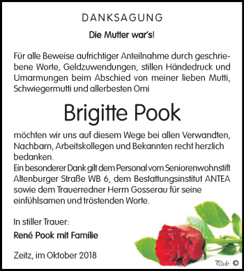 Traueranzeige von Brigitte Pook von Mitteldeutsche Zeitung Zeitz