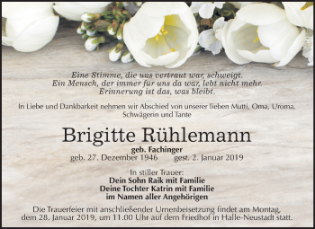 Traueranzeige von Brigitte Rühlemann von Mitteldeutsche Zeitung Halle/Saalkreis