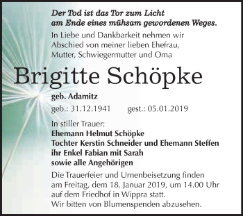 Traueranzeige von Brigitte Schöpke von Super Sonntag SGH Mansf. Land