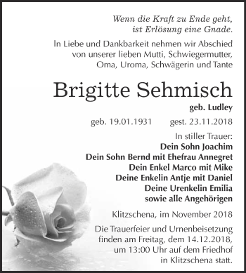 Traueranzeige von Brigitte Sehmisch von WVG - Wochenspiegel Wittenberg