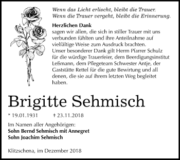 Traueranzeige von Brigitte Sehmisch von Mitteldeutsche Zeitung Wittenberg
