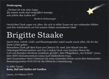Traueranzeige von Brigitte Staake von WVG - Wochenspiegel Merseburg