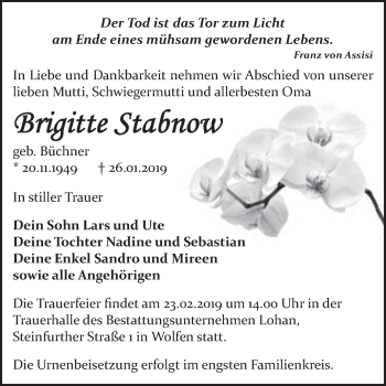 Traueranzeige von Brigitte Stabnow von WVG - Wochenspiegel Bitterfeld