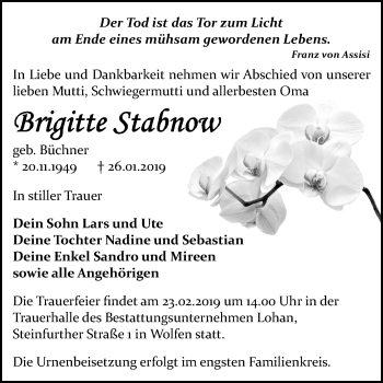 Traueranzeige von Brigitte Stabnow von Mitteldeutsche Zeitung Bitterfeld