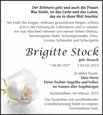 Traueranzeige von Brigitte Stock von Super Sonntag Aschersleben