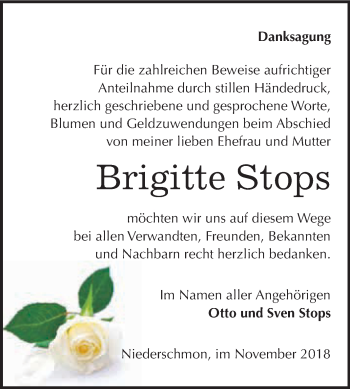 Traueranzeige von Brigitte Stops von WVG - Wochenspiegel Merseburg