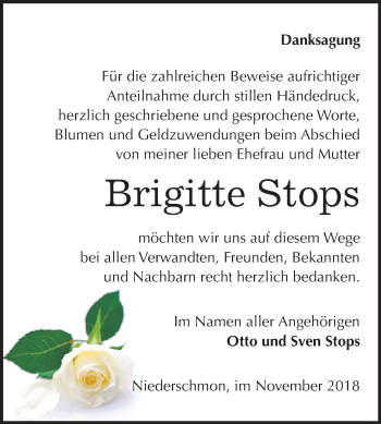 Traueranzeige von Brigitte Stops von Mitteldeutsche Zeitung Merseburg/Querfurt