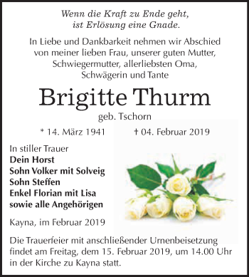 Traueranzeige von Brigitte Thurm von WVG - Wochenspiegel NMB / WSF / ZTZ