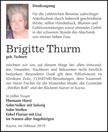 Traueranzeige von Brigitte Thurm von WVG - Wochenspiegel NMB / WSF / ZTZ