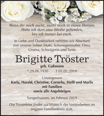 Traueranzeige von Brigitte Tröster von Super Sonntag SGH Mansf. Land