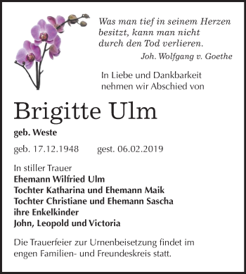 Traueranzeige von Brigitte Ulm von Mitteldeutsche Zeitung Weißenfels