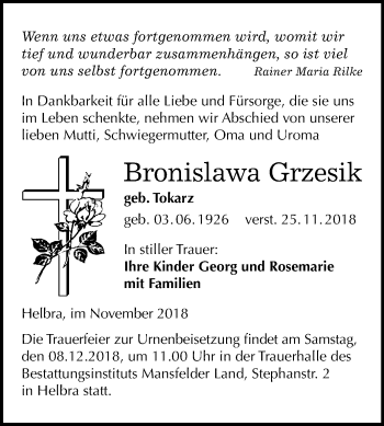 Traueranzeige von Bronislawa Grzesik von Mitteldeutsche Zeitung Aschersleben