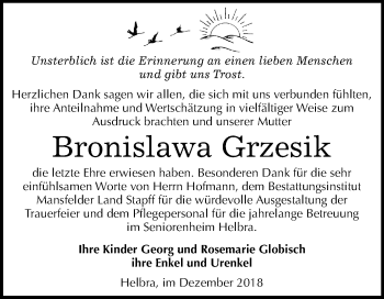 Traueranzeige von Bronislawa Grzesik von Mitteldeutsche Zeitung Aschersleben