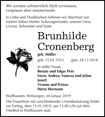 Traueranzeige von Brunhilde Cronenberg von Mitteldeutsche Zeitung Sangerhausen