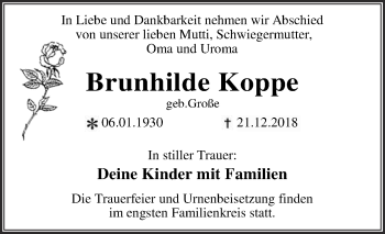 Traueranzeige von Brunhilde Koppe von WVG - Wochenspiegel Dessau / Köthen