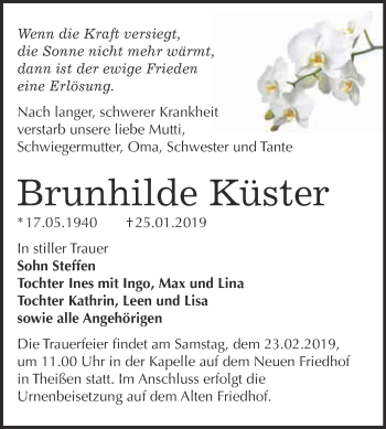 Traueranzeige von Brunhilde Küster von Super Sonntag Zeitz