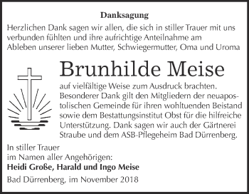 Traueranzeige von Brunhilde Meise von Super Sonntag Merseburg