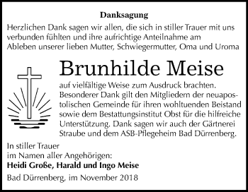 Traueranzeige von Brunhilde Meise von Mitteldeutsche Zeitung Merseburg/Querfurt