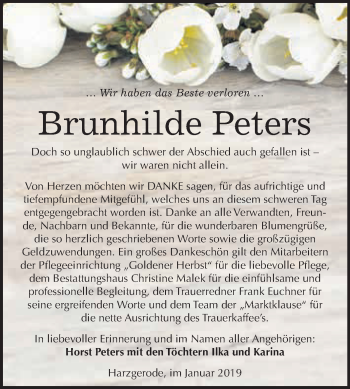 Traueranzeige von Brunhilde Peters von WVG - Wochenspiegel Quedlinburg