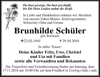 Traueranzeige von Brunhilde Schüler von WVG - Wochenspiegel Dessau / Köthen