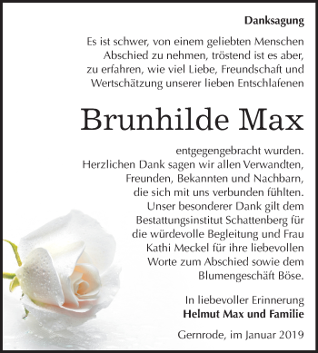 Traueranzeige von Brunhilde Lotte Max von Mitteldeutsche Zeitung Quedlinburg