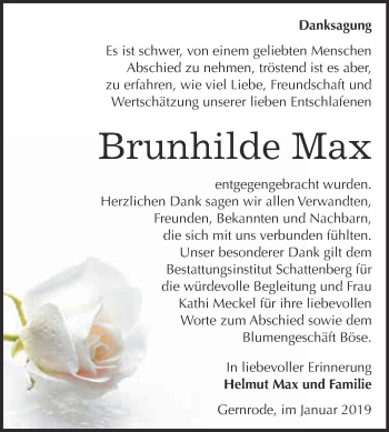 Traueranzeige von Brunhilde Lotte Max von Super Sonntag Quedlinburg