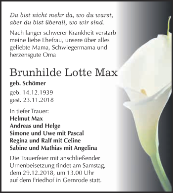 Traueranzeige von Brunhilde Lotte Max von Super Sonntag Quedlinburg
