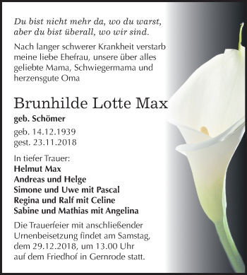 Traueranzeige von Brunhilde Lotte Max von Mitteldeutsche Zeitung Quedlinburg