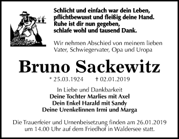 Traueranzeige von Bruno Sackewitz von WVG - Wochenspiegel Dessau / Köthen