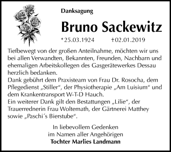 Traueranzeige von Bruno Sackewitz von Mitteldeutsche Zeitung Dessau-Roßlau