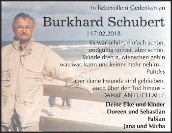 Traueranzeige von Burkhard Schubert von WVG - Wochenspiegel Dessau / Köthen