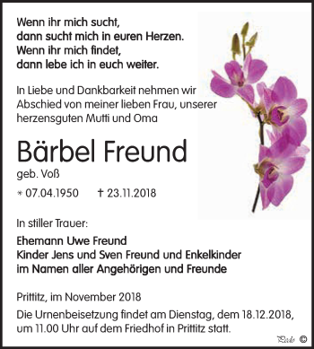 Traueranzeige von Bärbel Freund von WVG - Wochenspiegel NMB / WSF / ZTZ