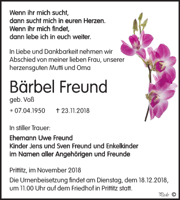 Traueranzeige von Bärbel Freund von Mitteldeutsche Zeitung Weißenfels
