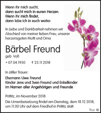 Traueranzeige von Bärbel Freund von WVG - Wochenspiegel NMB / WSF / ZTZ