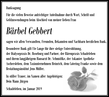 Traueranzeige von Bärbel Gebbert von Super Sonntag Aschersleben