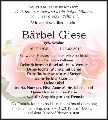 Traueranzeige von Bärbel Giese von Mitteldeutsche Zeitung