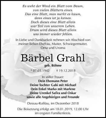 Traueranzeige von Bärbel Grahl von Mitteldeutsche Zeitung Dessau-Roßlau