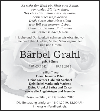 Traueranzeige von Bärbel Grahl von WVG - Wochenspiegel Dessau / Köthen