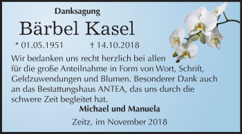 Traueranzeige von Bärbel Kasel von Mitteldeutsche Zeitung Zeitz