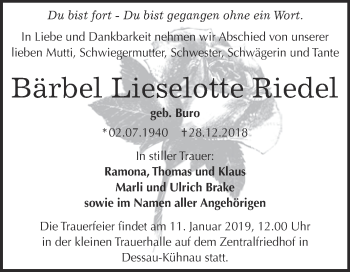 Traueranzeige von Bärbel Lieselotte Riedel von WVG - Wochenspiegel Dessau / Köthen