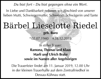 Traueranzeige von Bärbel Lieselotte Riedel von Mitteldeutsche Zeitung Dessau-Roßlau