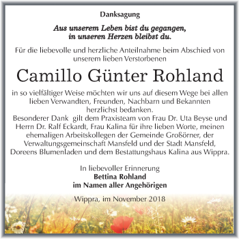 Traueranzeige von Camillo Günter Rohland von Mitteldeutsche Zeitung Mansfelder Land