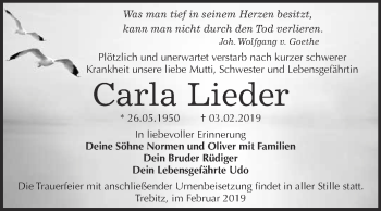 Traueranzeige von Carla Lieder von Super Sonntag Wittenberg