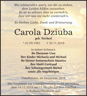 Traueranzeige von Carola Dziuba von Super Sonntag SGH Mansf. Land