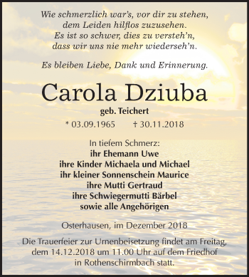 Traueranzeige von Carola Dziuba von Mitteldeutsche Zeitung Mansfelder Land