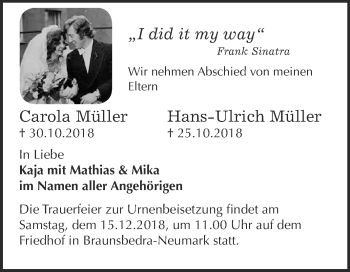 Traueranzeige von Carola und Hans-Ulrich Müller von WVG - Wochenspiegel Merseburg